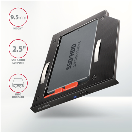 AXAGON Optical disk drive caddy for 2.5“ SSD/HDD. LED, 9.5 mm, Aluminum | RSS-CD09