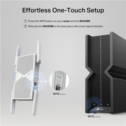 TP-LINK BE6500 Dual-Band Wi-Fi 7 Range Extender | RE405BE | 2.4 GHz, 5 GHz | 802.11ax | 688/5764 Mbit/s | Ethernet LAN (RJ-45) ports 1 | MU-MiMO No | no PoE