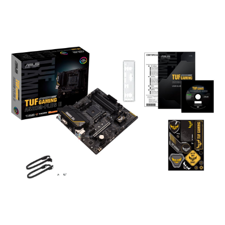 Asus | TUF GAMING A520M-PLUS II | Processor family AMD | Processor socket AM4 | DDR4 DIMM | Memory slots 4 | Supported hard disk drive interfaces SATA, M.2 | Number of SATA connectors 4 | Chipset AMD A520 | Micro ATX