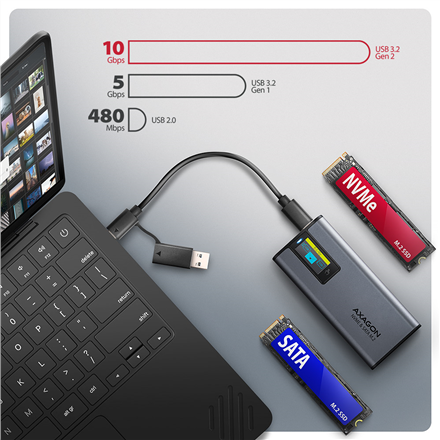 AXAGON External USB-C 10Gbps metal box with info display for M.2 NVMe and SATA SSD | EEM2-SD2