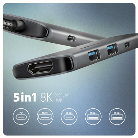 AXAGON USB 5Gbps hub, 3x USB-A, HDMI 4k/30Hz, PD 100W, 100cm USB-C cable | HMC-5H