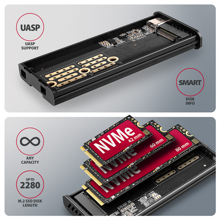 AXAGON External USB-C 10Gbps metal box with info display for M.2 NVMe and SATA SSD | EEM2-SD2