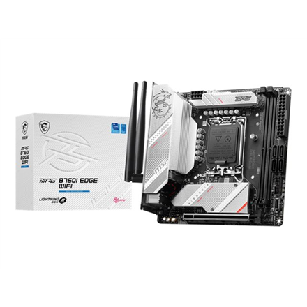 MSI | MPG B760I EDGE WIFI | Processor family Intel | Processor socket LGA1700 | DDR5 DIMM | Memory slots 2 | Supported hard disk drive interfaces SATA, M.2 | Number of SATA connectors 4 | Chipset Intel B760 | Mini-ITX