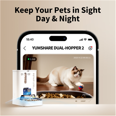 PETKIT YumShare Dual-hopper 2 Automatic Feeder with Camera | Capacity 5 L | Material ABS, 304 stainless steel | White