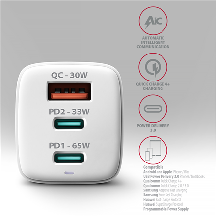 AXAGON GaN wallcharger 3x port (USB-A + 2x USB-C), PD3.0/PPS/QC4+/SFC2.0/AFC/SCP/FCP/Apple, 65W | ACU-DPQ65W