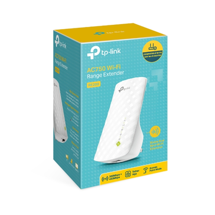 TP-LINK | Extender | RE200 | 802.11ac | 2.4GHz/5GHz | 300+433 Mbit/s | 10/100 Mbit/s | Ethernet LAN (RJ-45) ports 1 | MU-MiMO No | no PoE | Antenna type 3xInternal