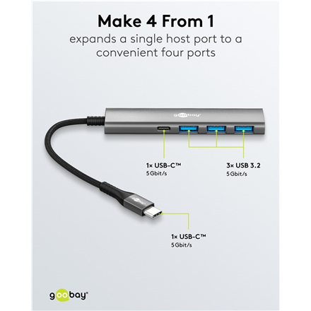 Goobay Slim 4-Port USB Hub, USB-C to USB-C/USB-A, 5 Gbit/s | 76562