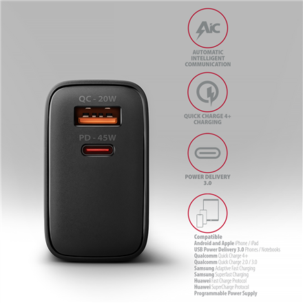 AXAGON GaN wallcharger 2x port (USB-A + USB-C), PD3.0/PPS/QC4+/SFC2.0/AFC/SCP/FCP/Apple, 45W | ACU-PQ45