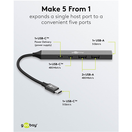 Goobay Slim 5-Port USB Hub, USB-C to USB-C/USB-A, 5 Gbit/s | 74460