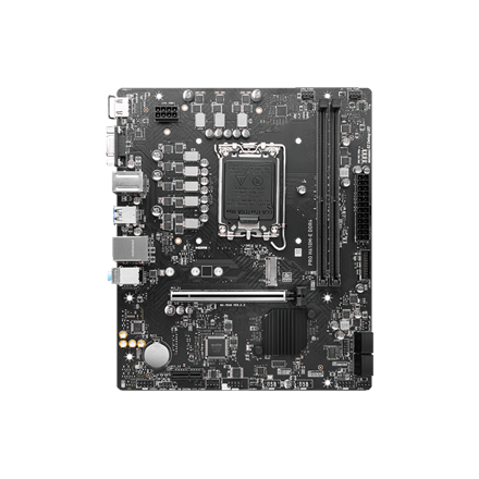 MSI | PRO H610M-E DDR4 | Processor family Intel | Processor socket LGA1700 | DDR4 DIMM | Memory slots 2 | Supported hard disk drive interfaces SATA, M.2 | Number of SATA connectors 4 | Chipset Intel H610 | Mirco-ATX