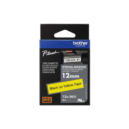 Brother | TZe-S631 Strong Adhesive Laminated Tape | Black on Yellow | TZe | 8 m | 1.2 cm
