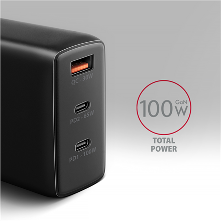 AXAGON GaN wallcharger, 3x port (USB-A + 2x USB-C), PD3.0/PPS/QC4+/SFC2.0/AFC/SCP/FCP/Apple, 100W | ACU-DPQ100