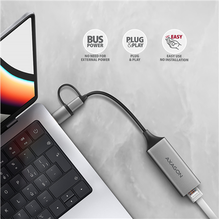 AXAGON ADE-TXCA Compact aluminum USB 3.2 Gen 1 Gigabit Ethernet 10/100/1000Mbit adapter with automatic installation, Nintendo Switch support and USB C-A reduction