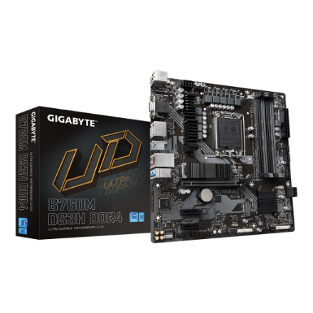 Gigabyte | B760M DS3H DDR4 1.0 M/B | Processor family Intel | Processor socket LGA1700 | DDR4 DIMM | Memory slots 4 | Supported hard disk drive interfaces SATA, M.2 | Number of SATA connectors 4 | Chipset Intel B760 Express | Micro ATX