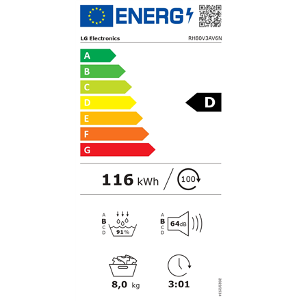LG | Dryer Machine | RH80V3AV6N | Energy efficiency class D | Front loading | 8 kg | LED | Depth 69 cm | Wi-Fi | White