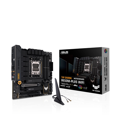 Asus | TUF GAMING B650M-PLUS WIFI | Processor family AMD | Processor socket AM5 | DDR5 DIMM | Memory slots 4 | Supported hard disk drive interfaces SATA, M.2 | Number of SATA connectors 4 | Chipset AMD B650 | micro-ATX