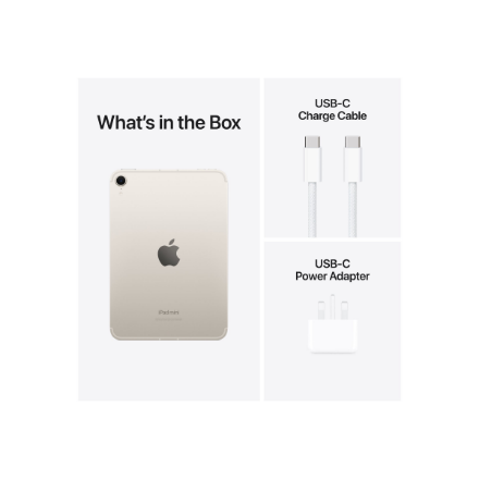 Apple | iPad mini Wi-Fi + Cellular | 8.3 " | Starlight | IPS | 2266 x 1488 pixels | Apple A17 Pro | 128 GB | 3G | 4G | 5G | Wi-Fi | Front camera | 12 MP | Rear camera | 12 MP | Bluetooth | 5.3 | iPadOS | USB-C charging cable