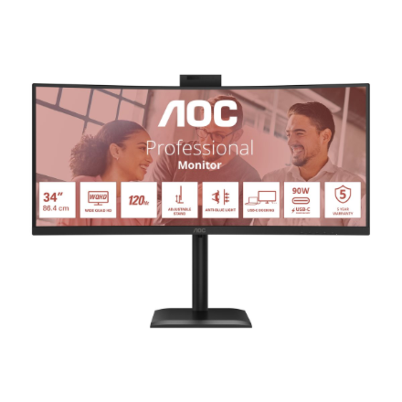 AOC | CU34E4CW | 34 " | VA | UWQHD | 120 Hz | 4 ms | 3440 x 1440 pixels | 350 cd/m² | HDMI ports quantity 2 | Black