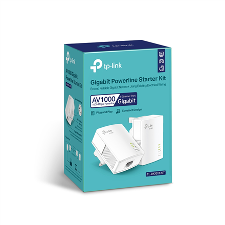TP-LINK | Gigabit Powerline Starter Kit | TL-PA7017 KIT | 10/100/1000 Mbit/s | Ethernet LAN (RJ-45) ports 1 | No Wi-Fi | Data transfer rate (max) 1000 Mbit/s | Extra socket