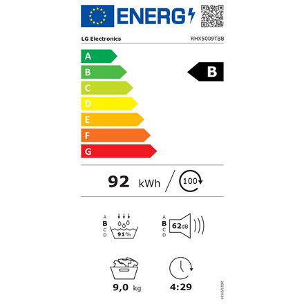 LG Dryer Machine | RHX5009TBB | Energy efficiency class B | Front loading | 9 kg | Heat pump | LED | Depth 66 cm | Wi-Fi | Matte black