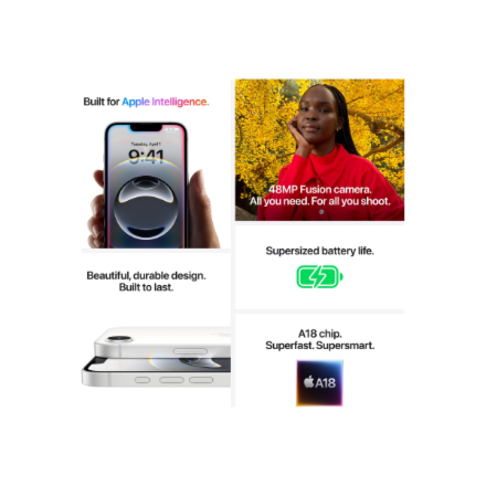 Apple | iPhone 16e | White | 6.1 " | 2532 x 1170 pixels | OLED | A18 | Internal RAM 8 GB | 256 GB | Dual-SIM | Nano SIM | 5G | Main camera resolution 48 MP | iOS 26 | Secondary camera resolution 12 MP