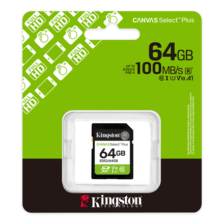 Kingston Canvas Select Plus | 64 GB | SD | Flash memory class Class 10, UHS-I, U1/U3, Video Class 10/30