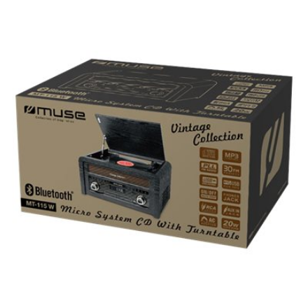 Muse | Turntable micro system | MT-115W | USB port | AUX in | CD player | FM radio | Wireless connection