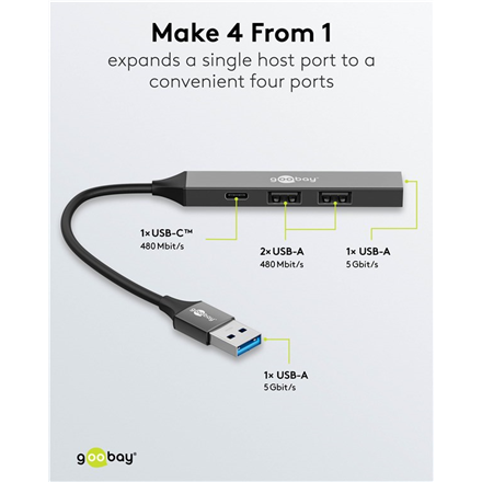 Goobay Slim 4-Port USB Hub, USB-A to USB-C/USB-A, 5 Gbit/s | 74458