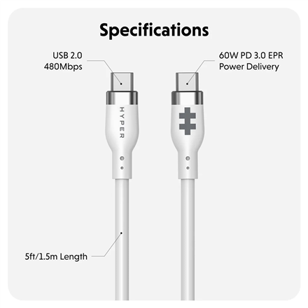 Hyper | HyperJuice USB-C Silicone Charging Cable, 1.5 m, White | HJ4011WHGL