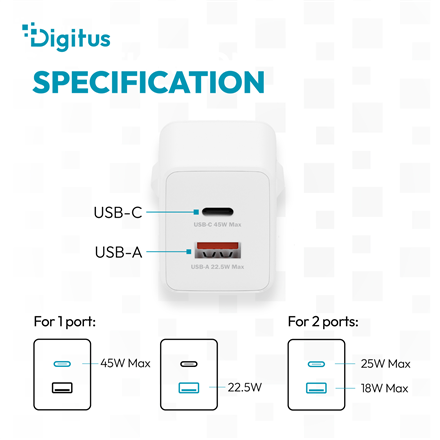 Digitus | USB GaN Charger 45W, 1x USB-C, 1x USB-A | DA-10302