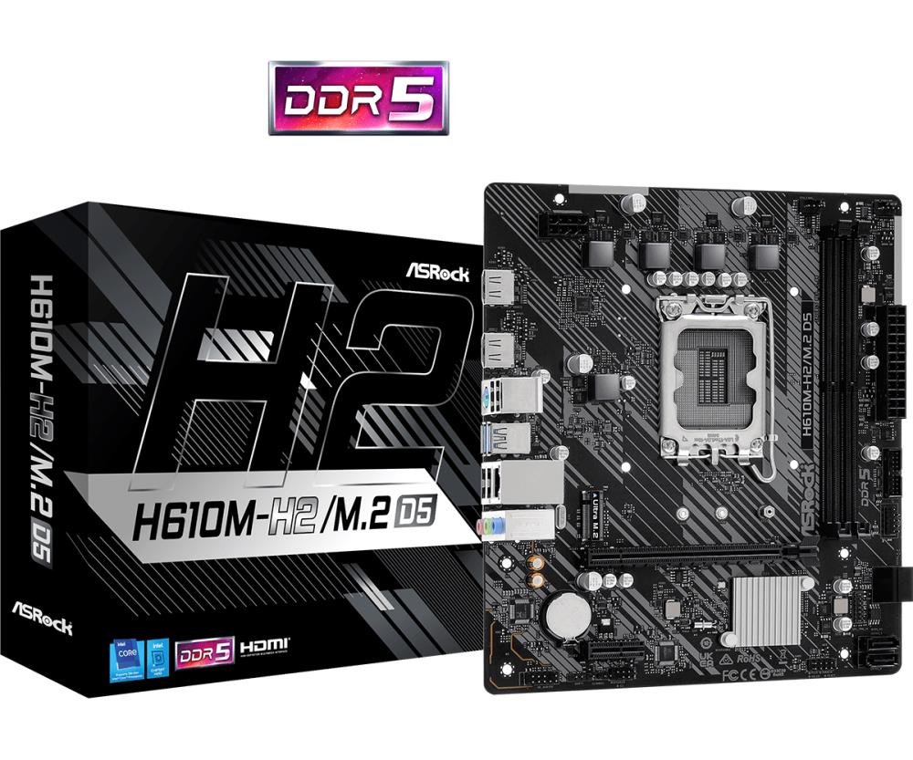Mainboard ASROCK Intel H610 LGA1700 Micro-ATX Memory DDR5 Memory slots 2 1xPCI-Express 3.0 1x 1xPCI-Express 4.0 16x 1xM.2 2xHDMI 4xUSB 2.0 2xUSB 3.2 1xPS/2 1xRJ45 3xAudio port H610M-H2/M.2D5