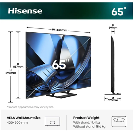 Hisense ULED MiniLED TV | 65U7SE | 65" | Smart TV | VIDAA OS | UHD | Black