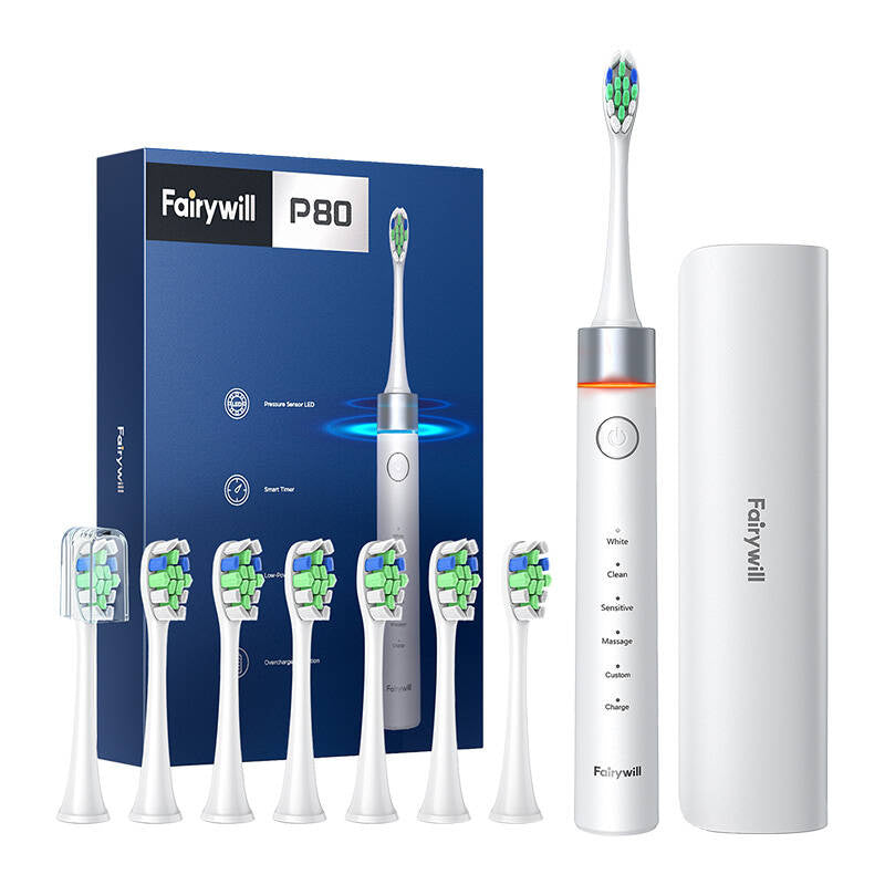 FairyWill FW-P80 sonic toothbrush with tip set and case (White) - Product Image 1