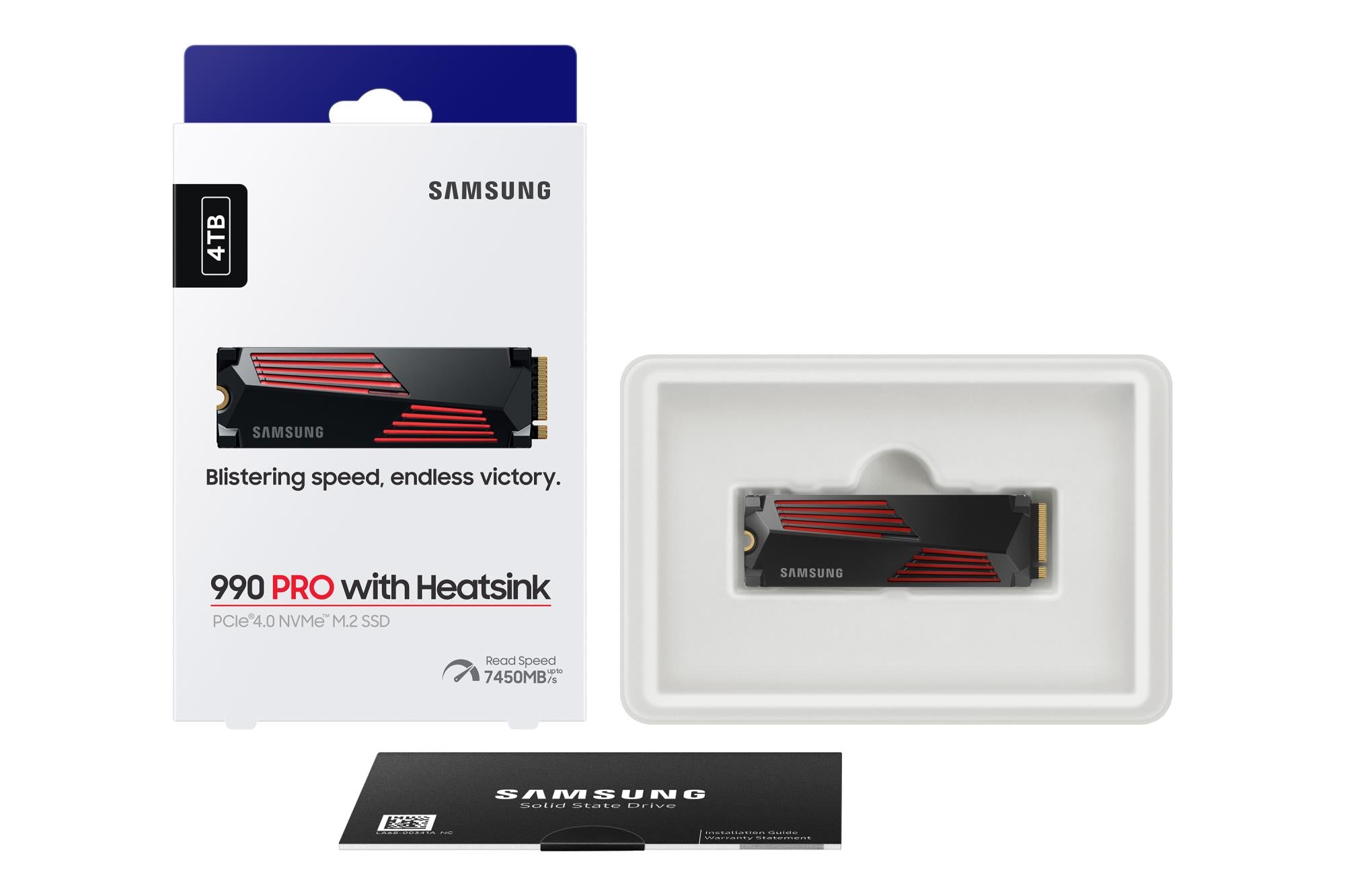 SSD SAMSUNG 990 PRO with Heatsink 4TB M.2 PCIe Gen4 NVMe TLC Write speed 6900 MBytes/sec Read speed 7450 MBytes/sec 2.3mm TBW 1200 TB MTBF 1500000 hours MZ-V9P4T0GW