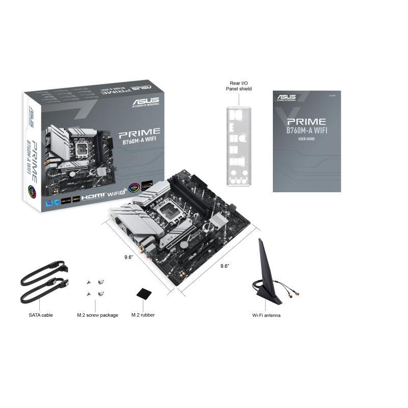 Mainboard ASUS Intel B760 Express LGA1700 Micro-ATX Memory DDR5 Memory slots 4 3xPCI-Express 4.0 16x 2xM.2 2xHDMI 1xDisplayPort 4xUSB 2.0 2xUSB 3.2 1xPS/2 1xRJ45 3xAudio port PRIMEB760M-AWIFI