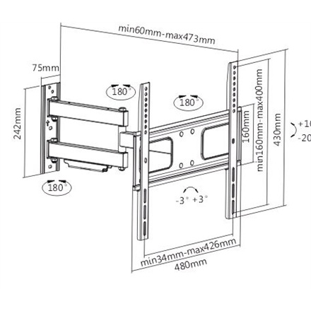 Sunne | Wall mount | 23-42-EAX2 | Full motion | 32-55 " | Maximum weight (capacity) 50 kg | Black