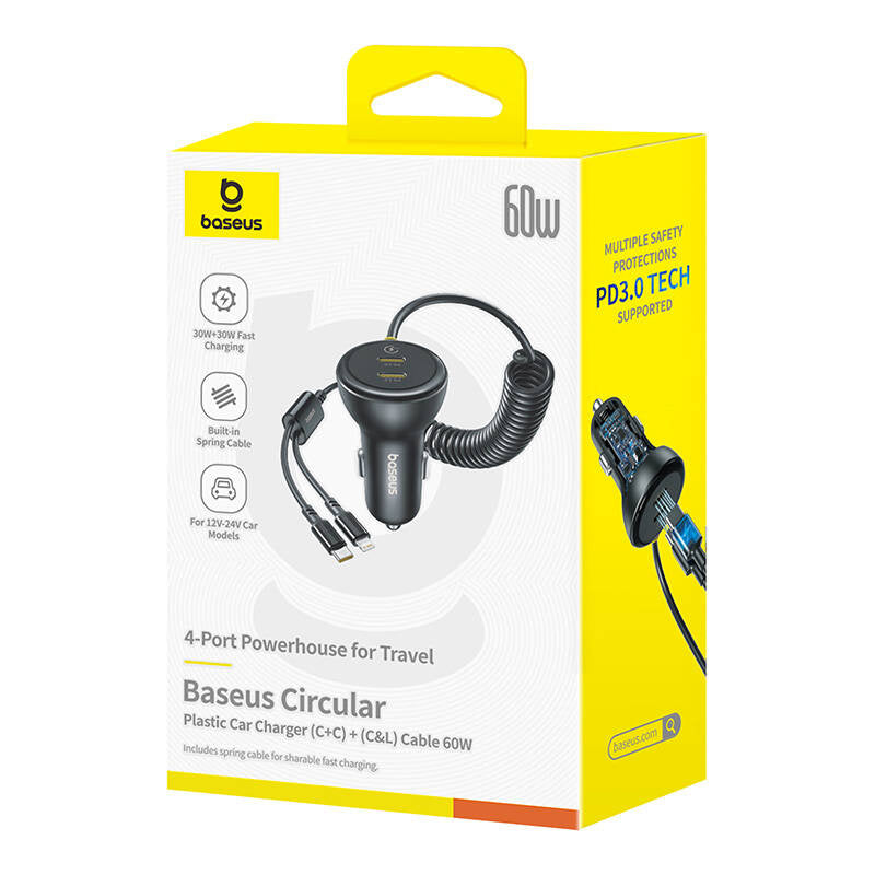 60W Baseus USB-C car charger + Lightning cable (Black) - Product Image 7