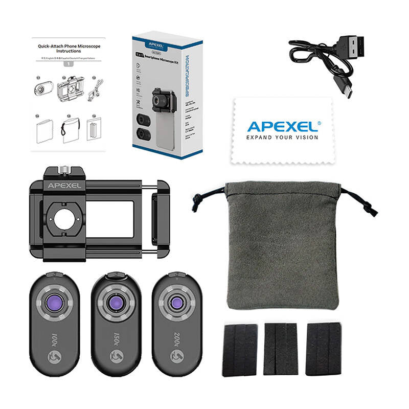 3x CPL lens / microscope for smartphone Apexel APL-MS3IN1, 200x / 150x / 100x - Product Image 4