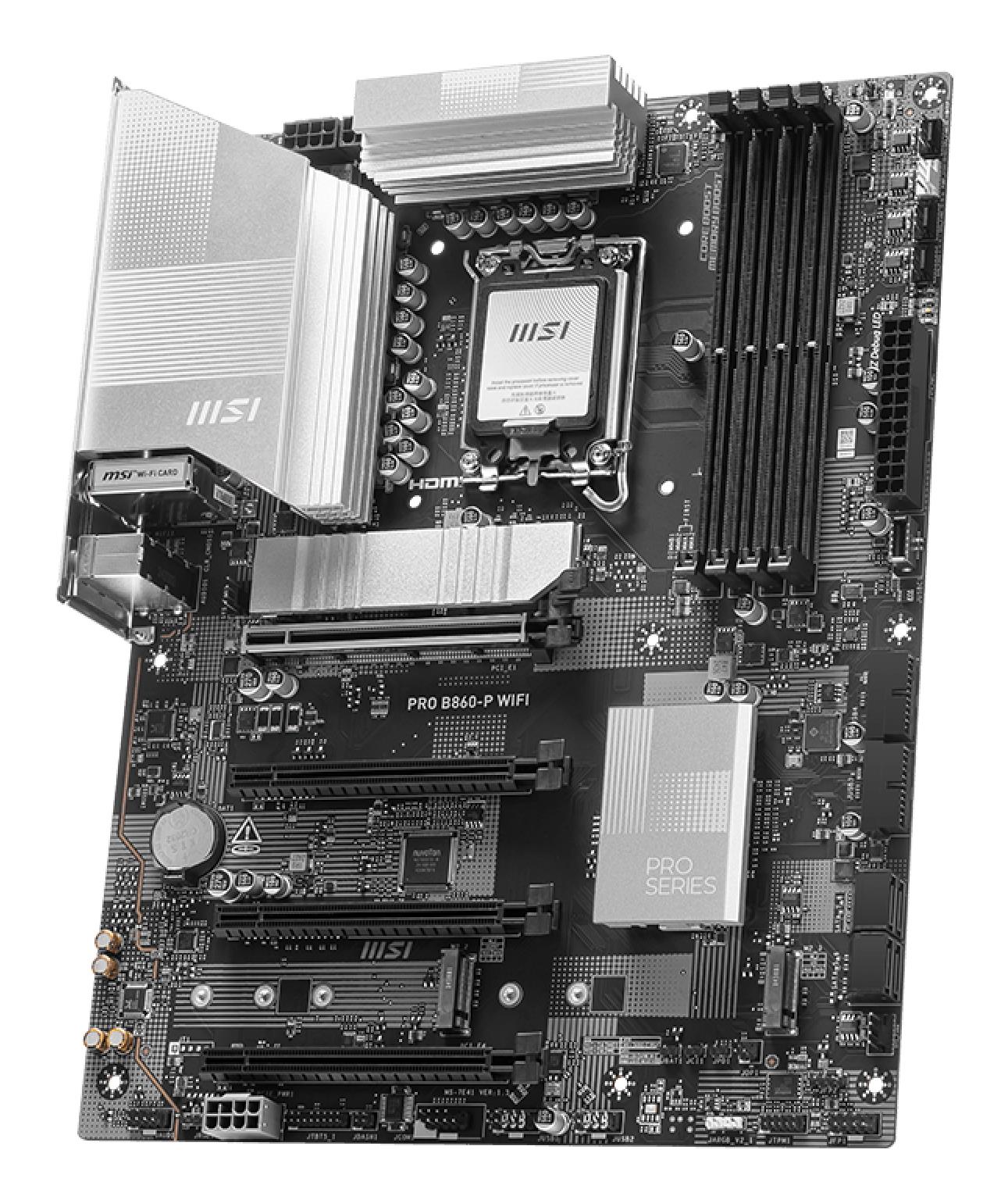 Mainboard MSI Intel B860 Express LGA1851 ATX Memory DDR5 Memory slots 4 2xPCI-Express 4.0 1x 1xPCI-Express 4.0 4x 1xPCI-Express 5.0 16x 3xM.2 1xHDMI 1xDisplayPort 8xUSB 2.0 2xUSB 3.2 1xUSB-C 1xRJ45 3xAudio port 1xThunderbolt PROB860-PWIFI