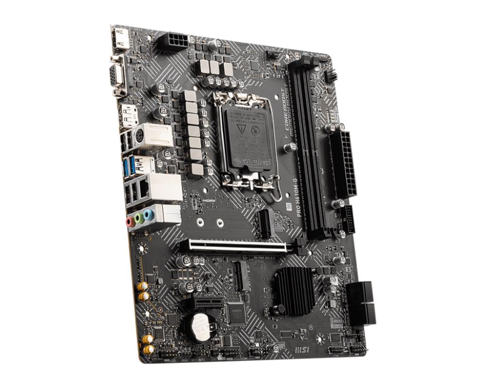 Mainboard MSI Intel H610 LGA1700 Micro-ATX Memory DDR5 Memory slots 2 1xPCI-Express 1x 1xPCI-Express 16x 1xM.2 1x15pin D-sub 1xHDMI 1xDisplayPort 4xUSB 2.0 2xUSB 3.2 1xPS/2 1xRJ45 3xAudio port PROH610M-GDDR5