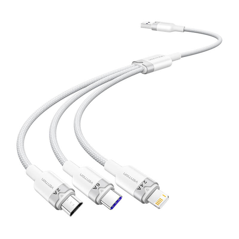USB 2.0 A to 3-in-1 6A cable Vention CTRWG 1.5M (white) - Product Image 1