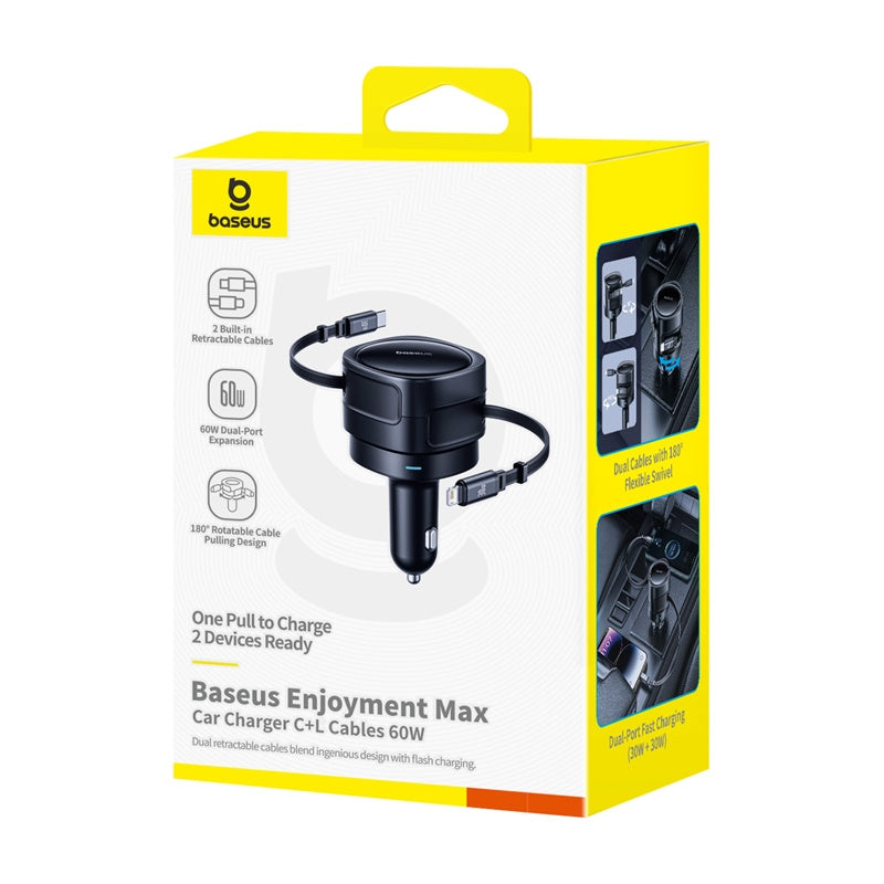 Baseus Enjoyment Max car charger with USB-C+Lightning cables 60W Black - Product Image 4