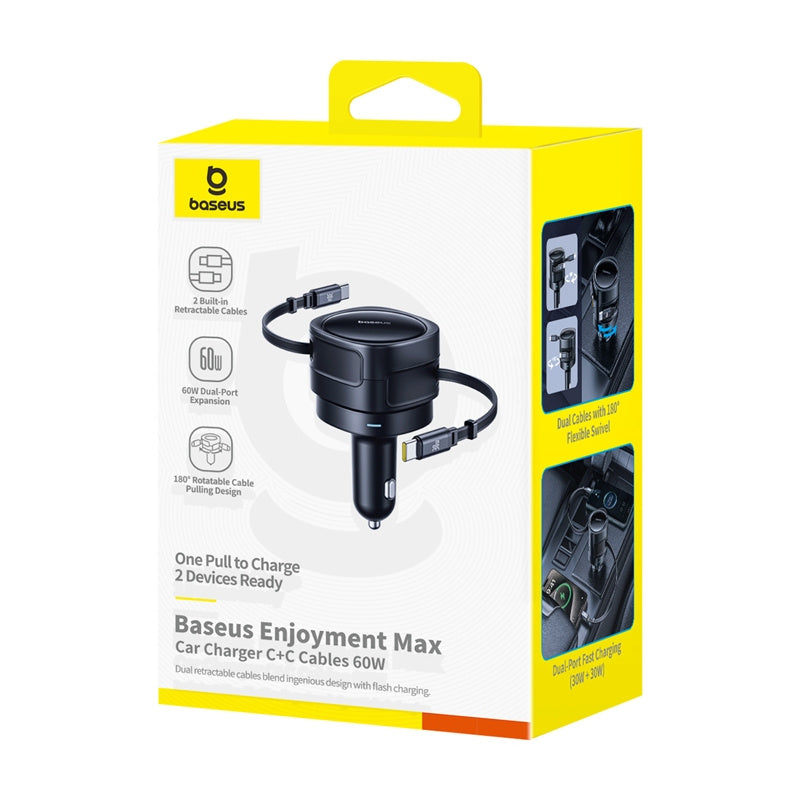 Baseus Enjoyment Max car charger with USB-C+USB-C cables 60W Black - Product Image 7