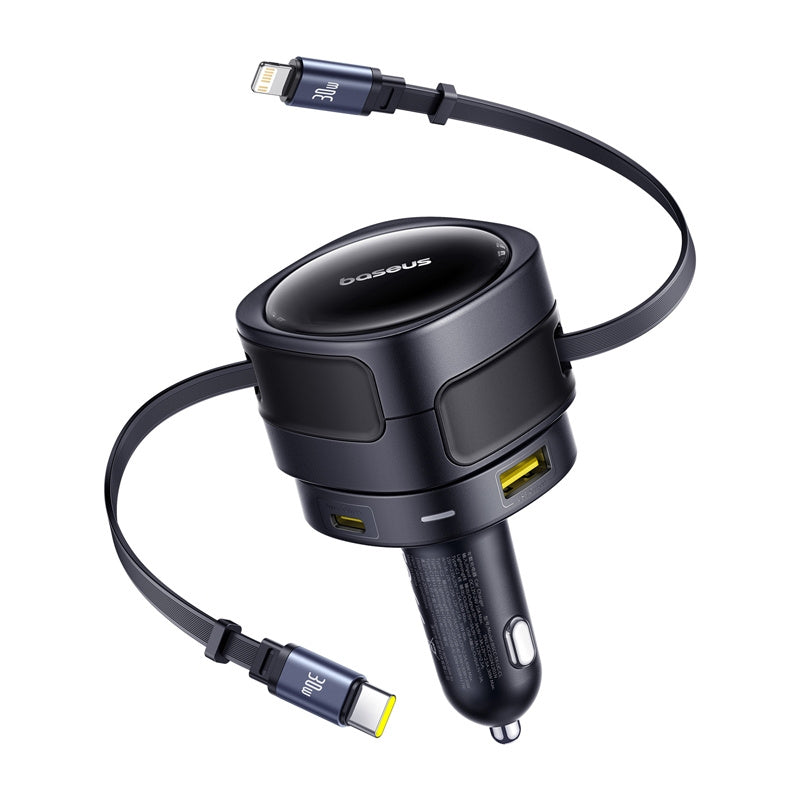 Baseus Enjoyment Max car charger with USB-C+Lightning cables and USB-A+USB-C ports 90W Black - Product Image 1