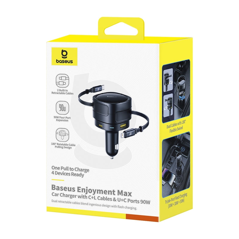 Baseus Enjoyment Max car charger with USB-C+Lightning cables and USB-A+USB-C ports 90W Black - Product Image 4