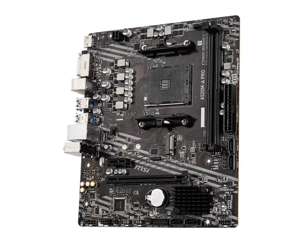 Mainboard MSI AMD A520 SAM4 MicroATX 1xPCI-Express 3.0 1x 1xPCI-Express 3.0 16x 1xM.2 Memory DDR4 Memory slots 2 1xDVI 1xHDMI 2xAudio-Out 2xUSB 2.0 4xUSB 3.2 1xRJ45 A520M-APRO