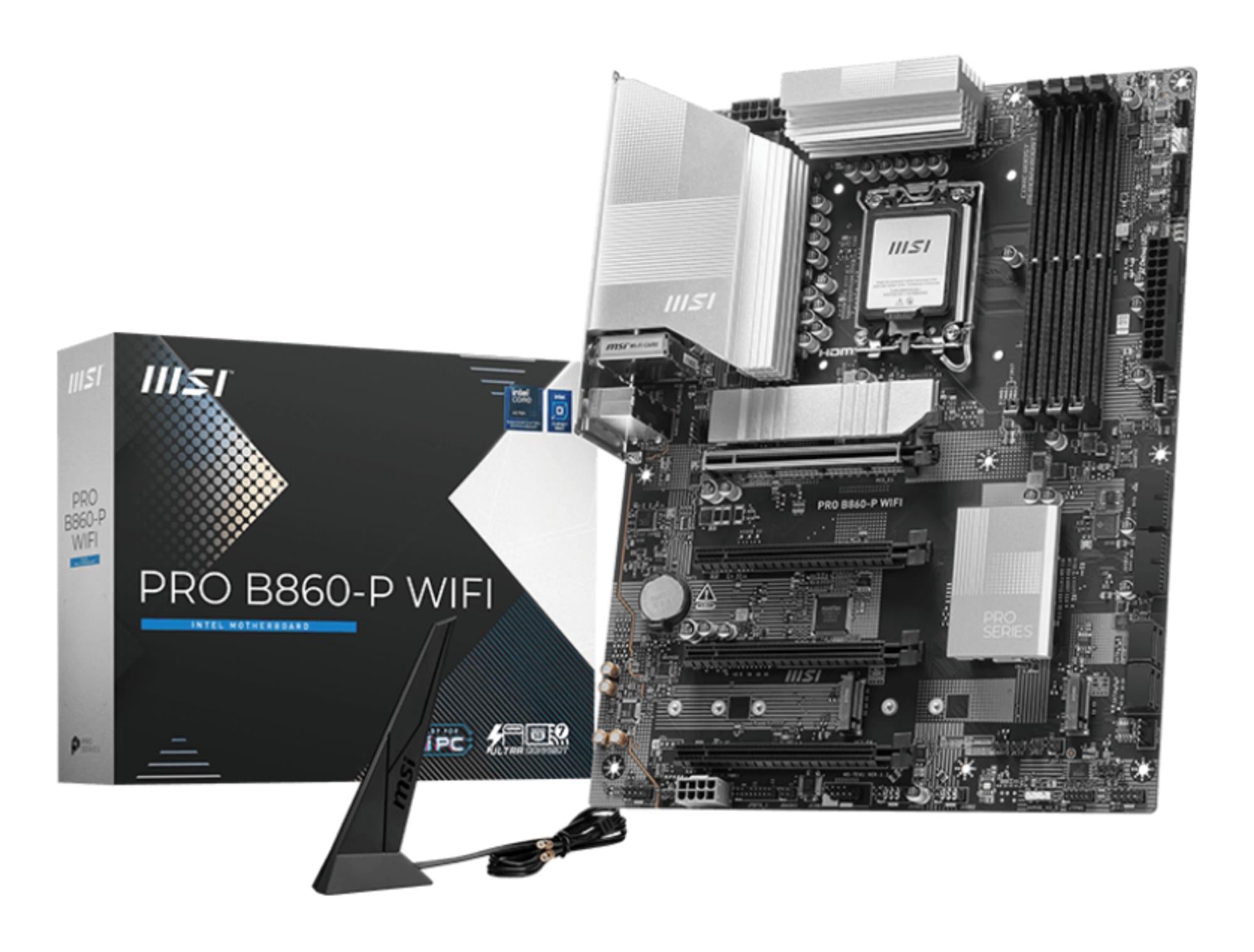 Mainboard MSI Intel B860 Express LGA1851 ATX Memory DDR5 Memory slots 4 2xPCI-Express 4.0 1x 1xPCI-Express 4.0 4x 1xPCI-Express 5.0 16x 3xM.2 1xHDMI 1xDisplayPort 8xUSB 2.0 2xUSB 3.2 1xUSB-C 1xRJ45 3xAudio port 1xThunderbolt PROB860-PWIFI