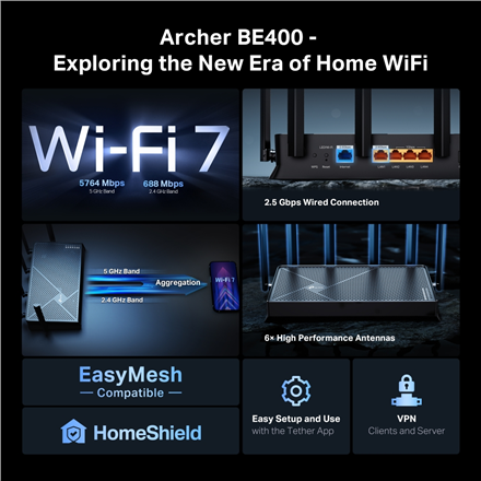 TP-LINK | Archer BE400 BE6500 Dual-Band Wi-Fi 7 Router | 802.11ax | Ethernet LAN (RJ-45) ports 4 | Mesh Support Yes | MU