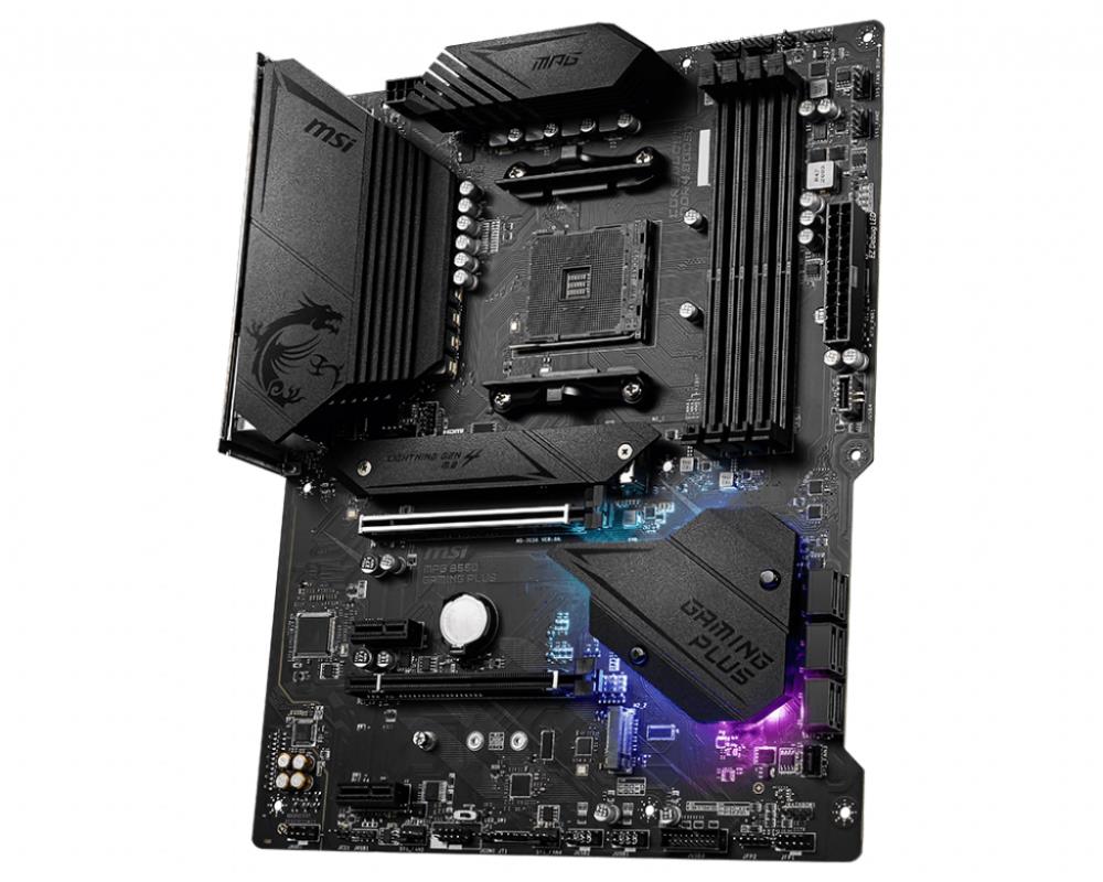 Mainboard MSI AMD B550 SAM4 ATX 2xPCI-Express 3.0 1x 1xPCI-Express 3.0 4x 2xM.2 1xPCI-Express 4.0 1x Memory DDR4 Memory slots 4 1xHDMI 1xDisplayPort 2xAudio-In 3xAudio-Out 4xUSB 2.0 1xUSB type C 3xUSB 3.2 1xPS/2 1xOptical S/PDIF 1xRJ45 MPGB550GAMINGPLUS