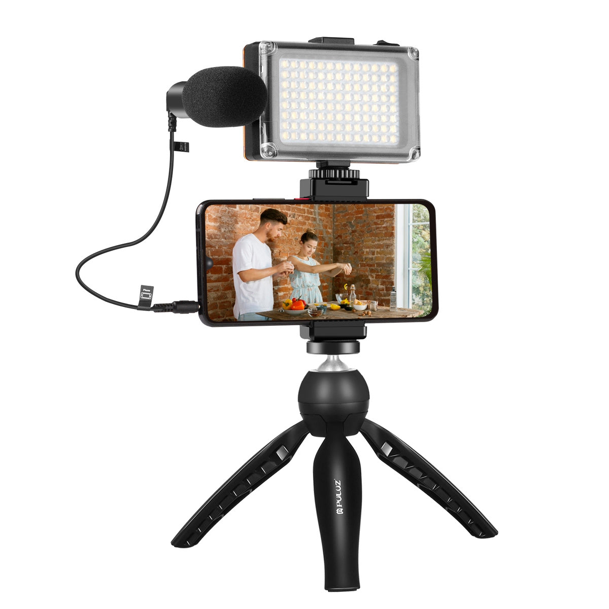 Puluz live recording set tripod + LED light + microphone + phone clip PKT3132B - Image 1